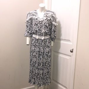 Diane Fries Vintage 1980s Black & White Floral Dress Size L